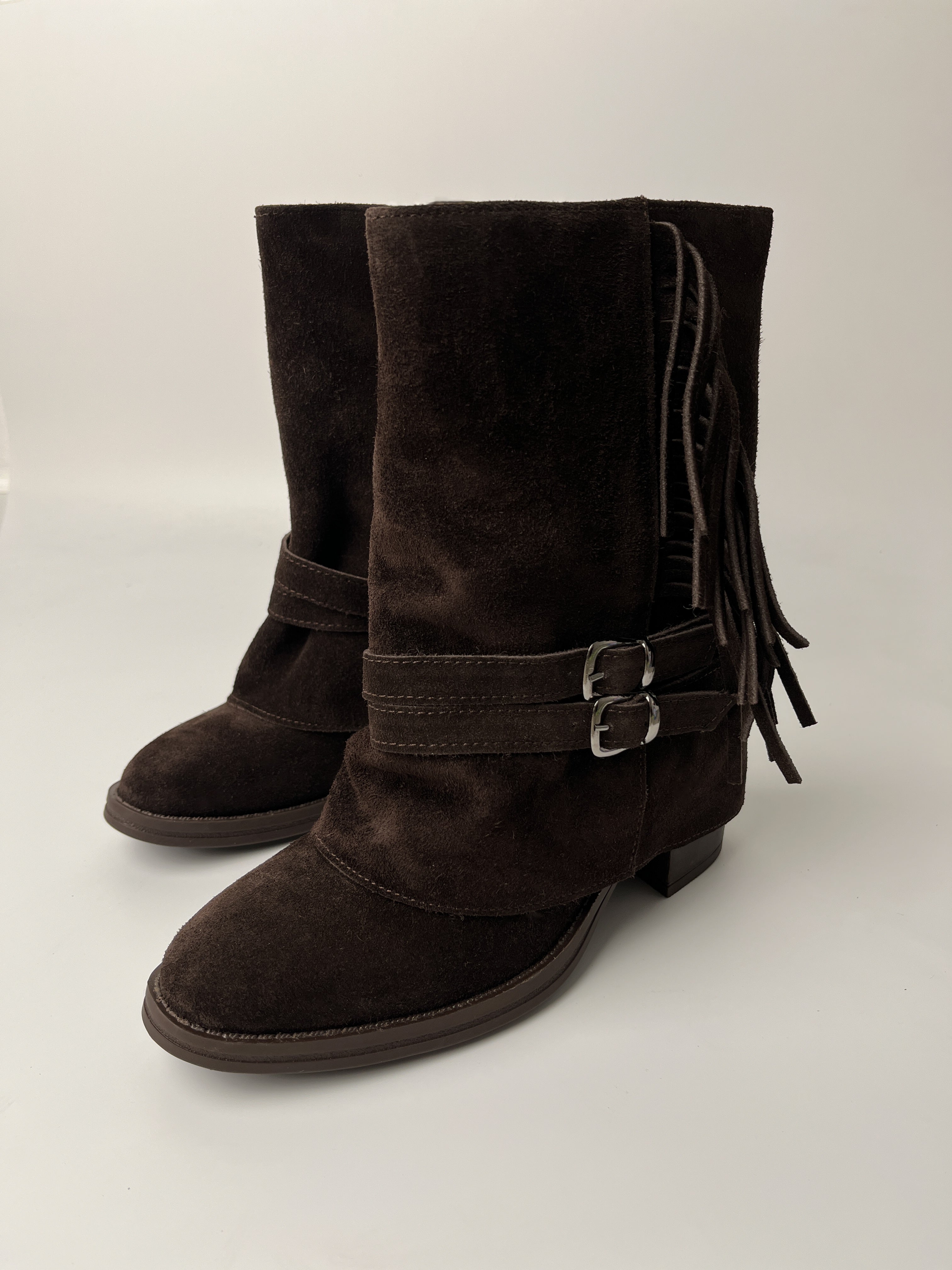 Acı Kahve Süet Tokalı Hakiki Deri Mini Bot – 7 cm Topuk