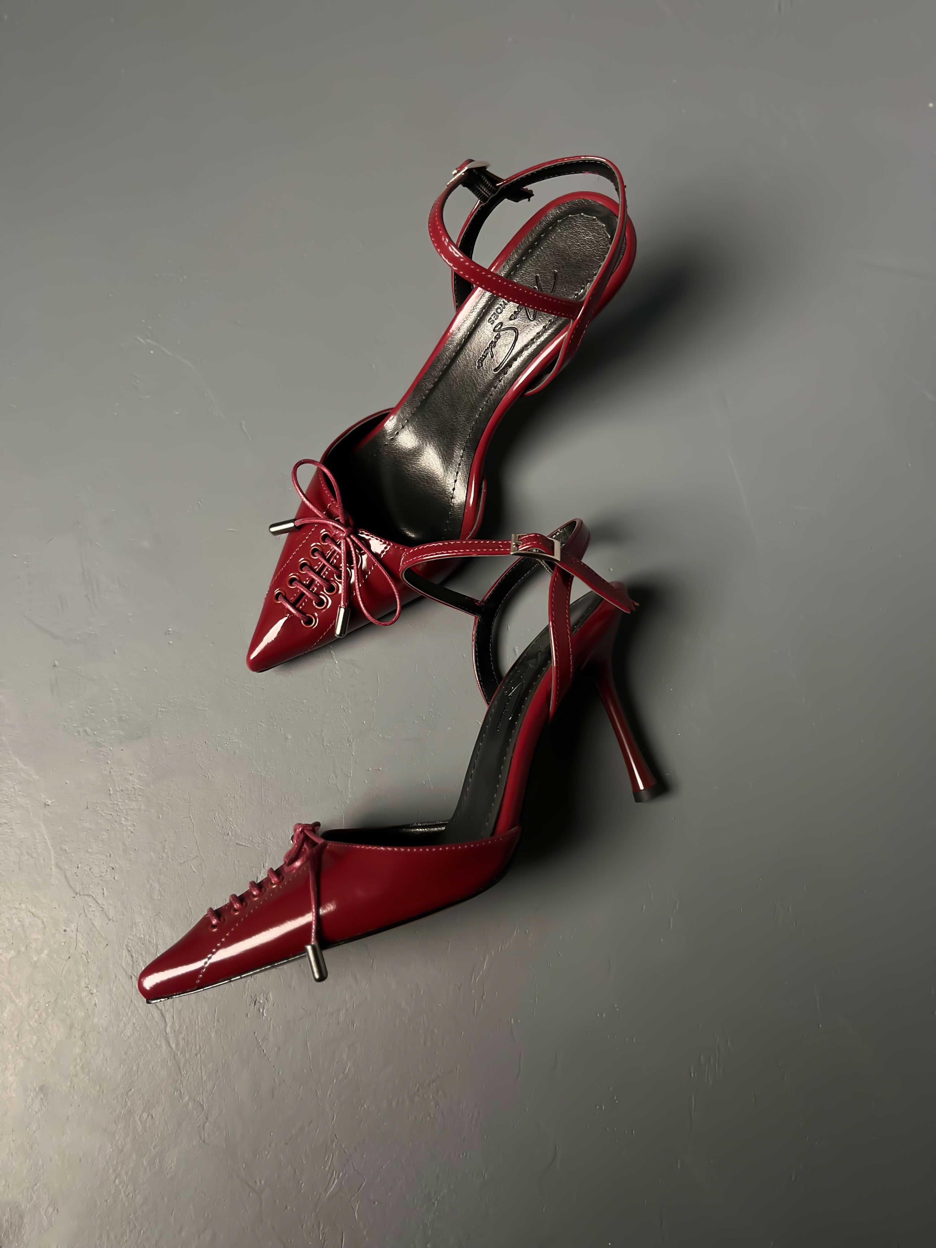 Bordo Rugan Bağcıklı Topuklu Ayakkabı