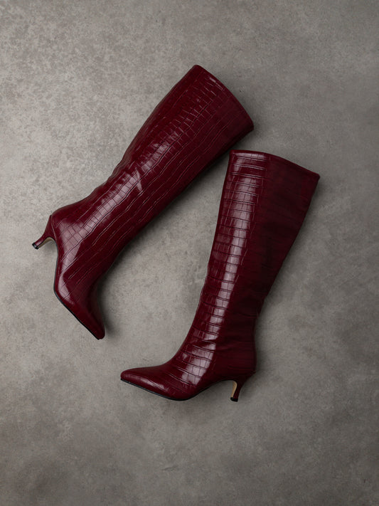 Bordo Krokodil Desenli Çizme