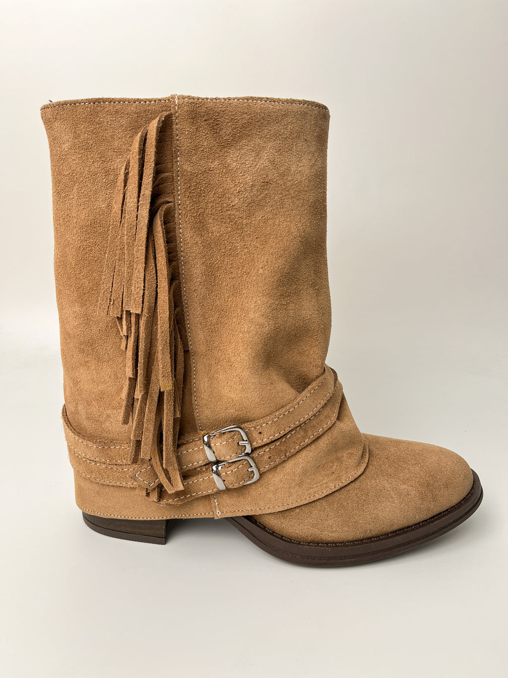 Camel Süet Tokalı Hakiki Deri Mini Bot – 7 cm Topuk