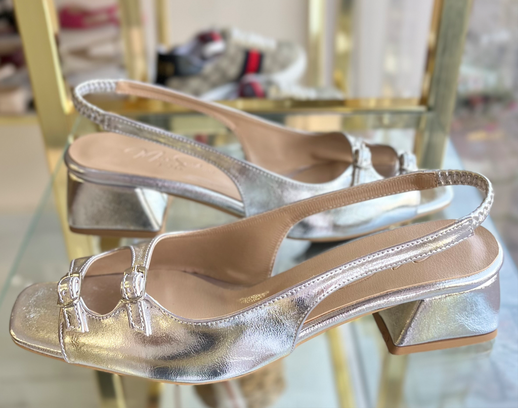 Gümüş çift kemer detay topuklu ayakkabı