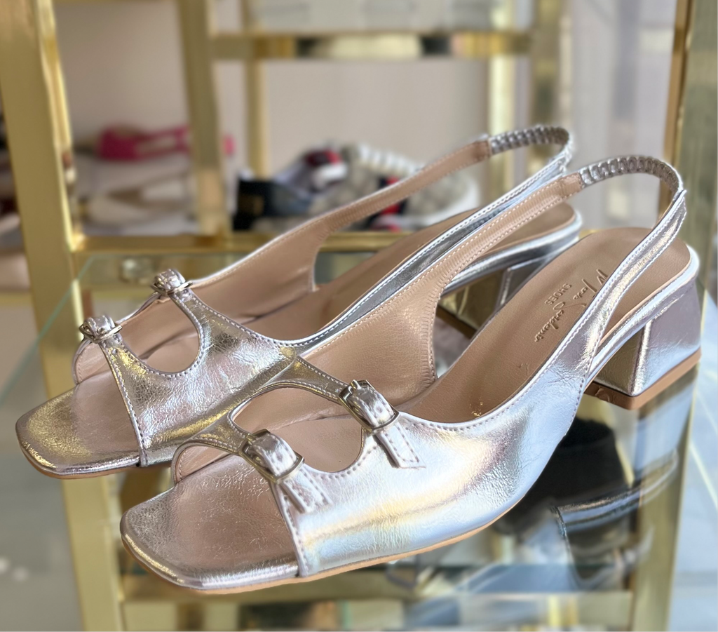 Gümüş çift kemer detay topuklu ayakkabı