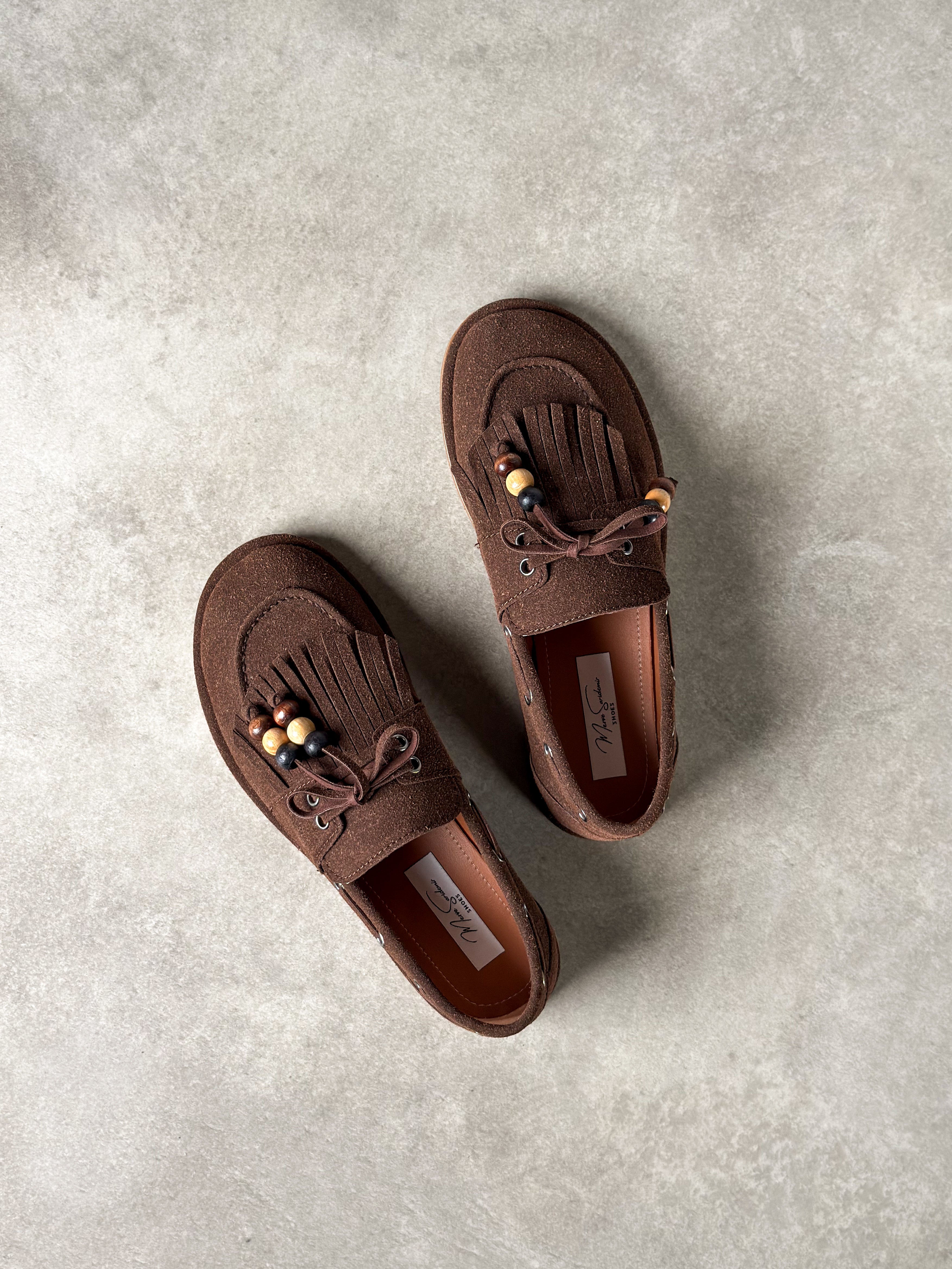 Kahverengi püskül & boncuk detaylı loafer ayakkabı