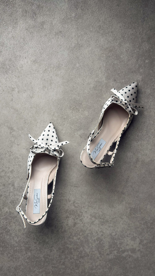 Açık Krem Puantiyeli Fiyonklu Saten Stiletto