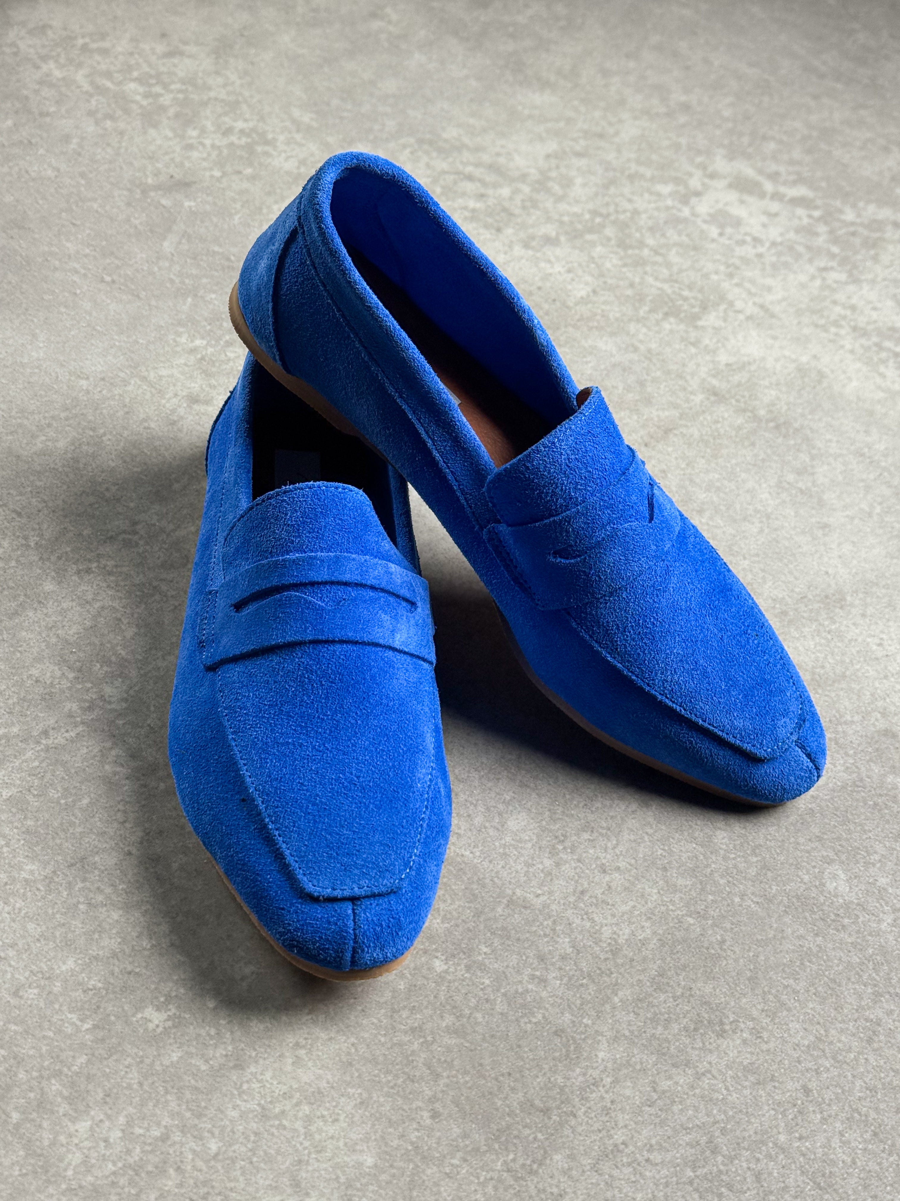 Saks Mavi Gerçek Süet Loafer (Düz Taban)