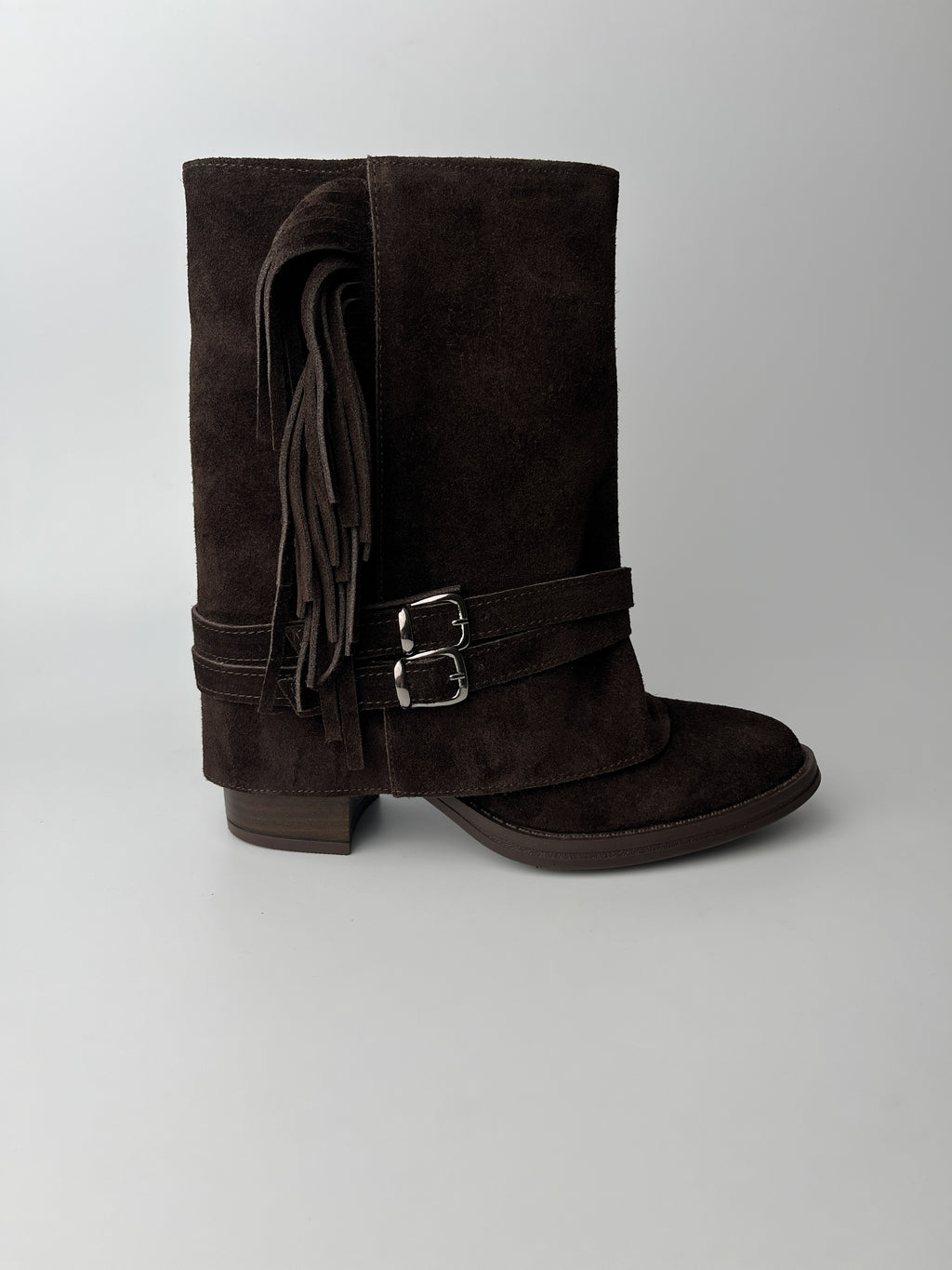 Acı Kahve Süet Tokalı Hakiki Deri Mini Bot – 7 cm Topuk