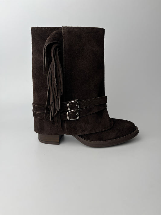 Acı Kahve Süet Tokalı Hakiki Deri Mini Bot – 7 cm Topuk