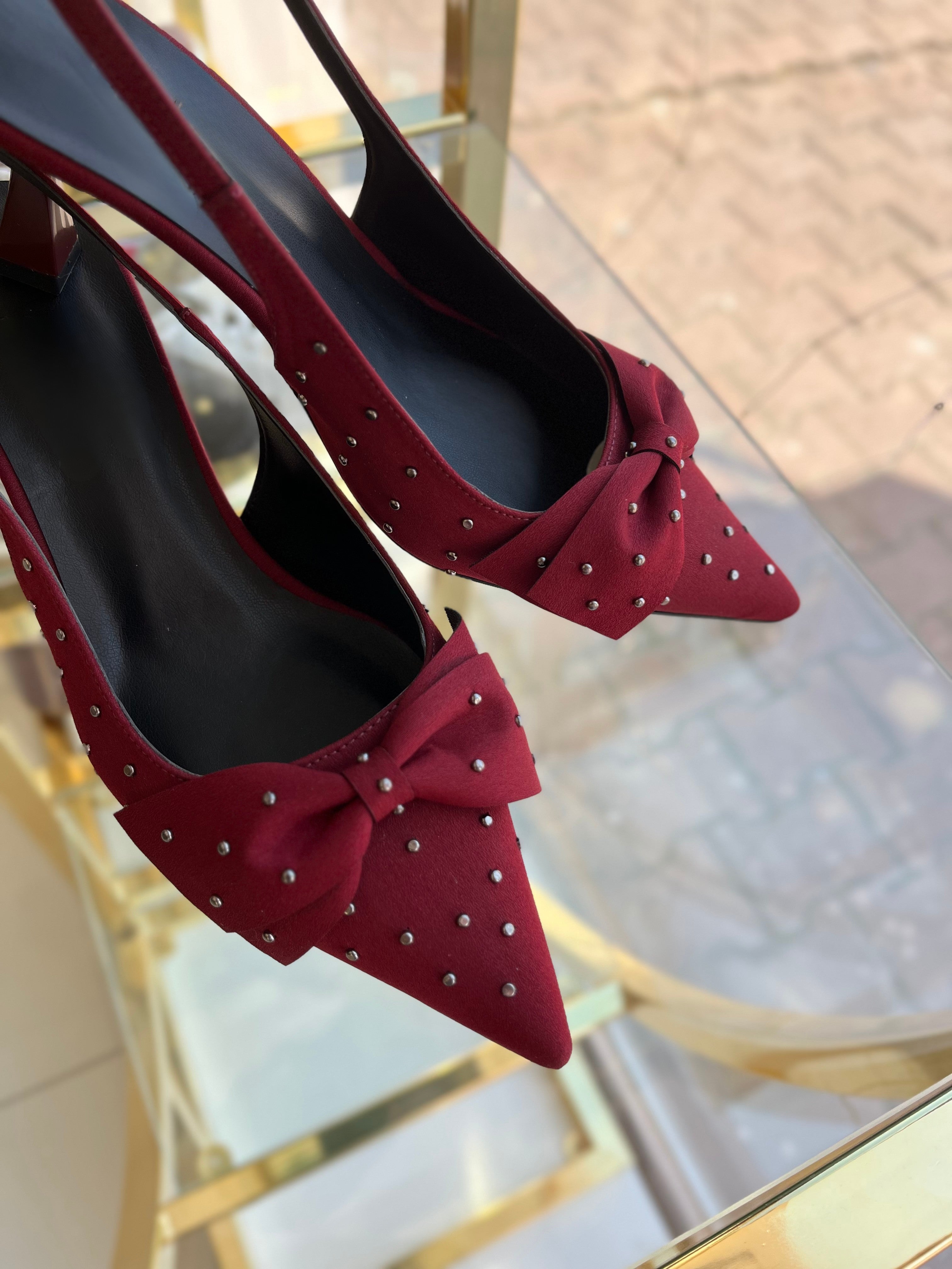 Bordo trok detaylı topuklu ayakkabı
