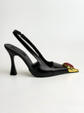 Siyah Kırışık Rugan Slingback Topuklu Ayakkabı – Gold Burun & Kırmızı Taş Detay