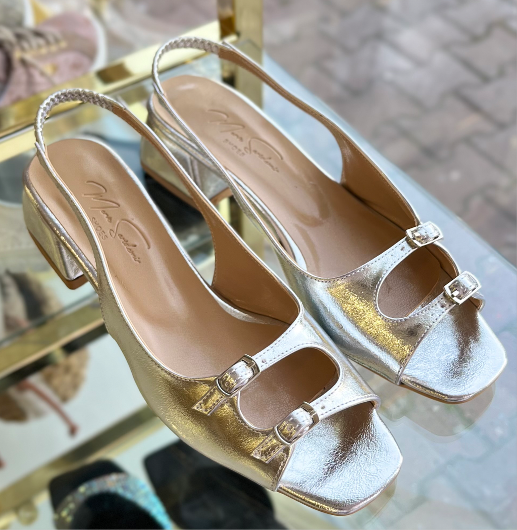 Gümüş çift kemer detay topuklu ayakkabı
