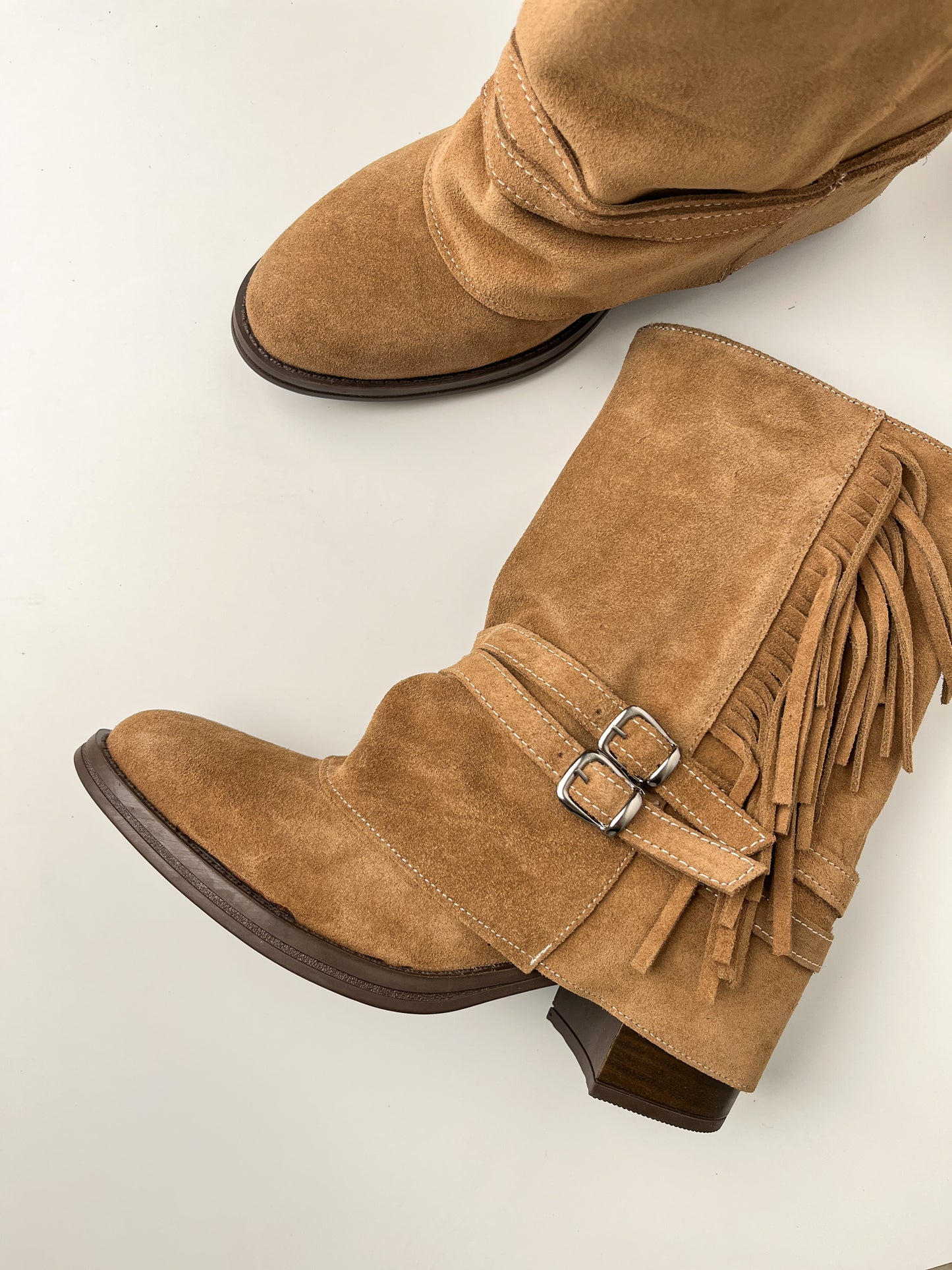 Camel Süet Tokalı Hakiki Deri Mini Bot – 7 cm Topuk