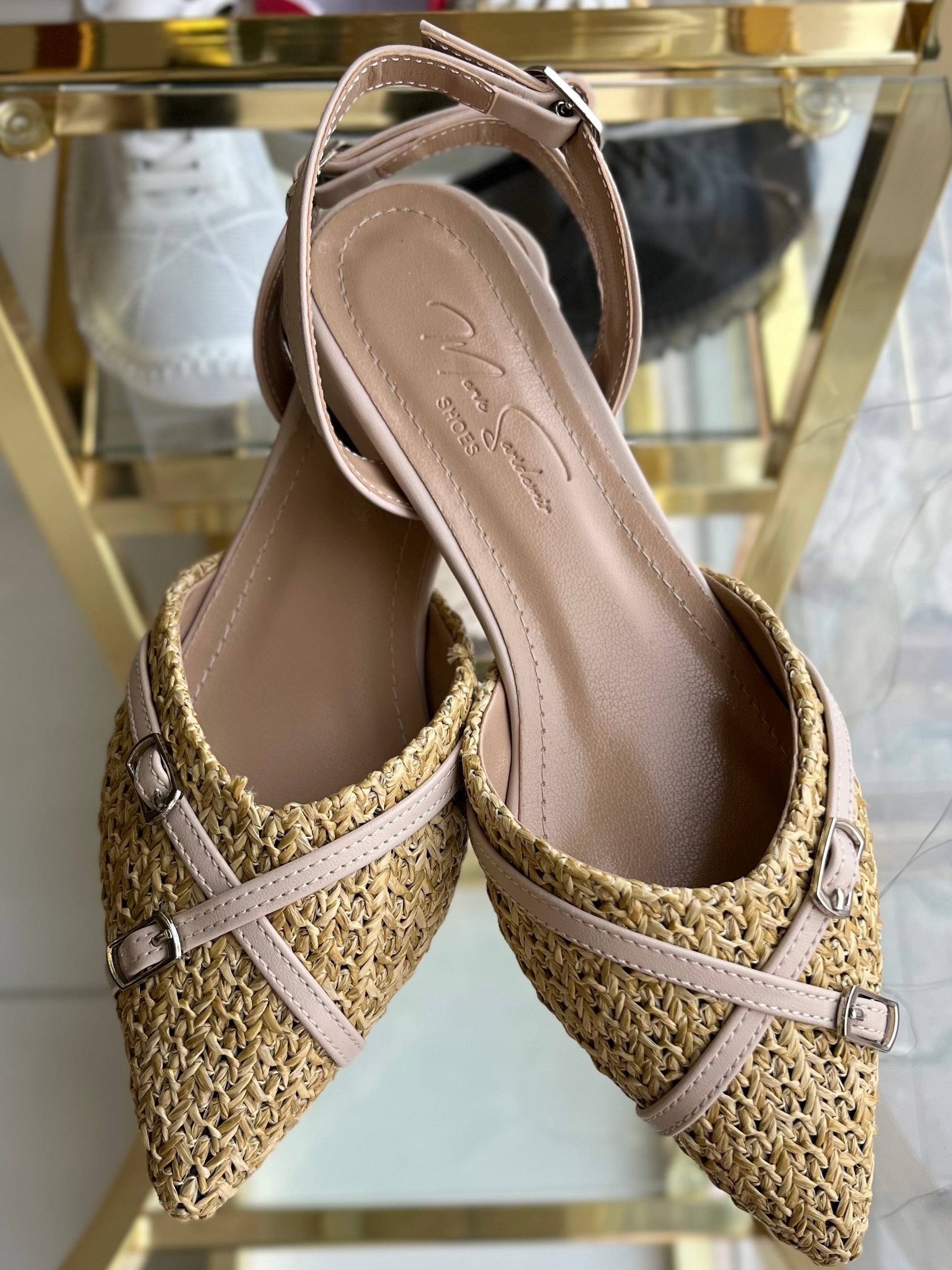 Hasır kemer detaylı topuklu ayakkabı