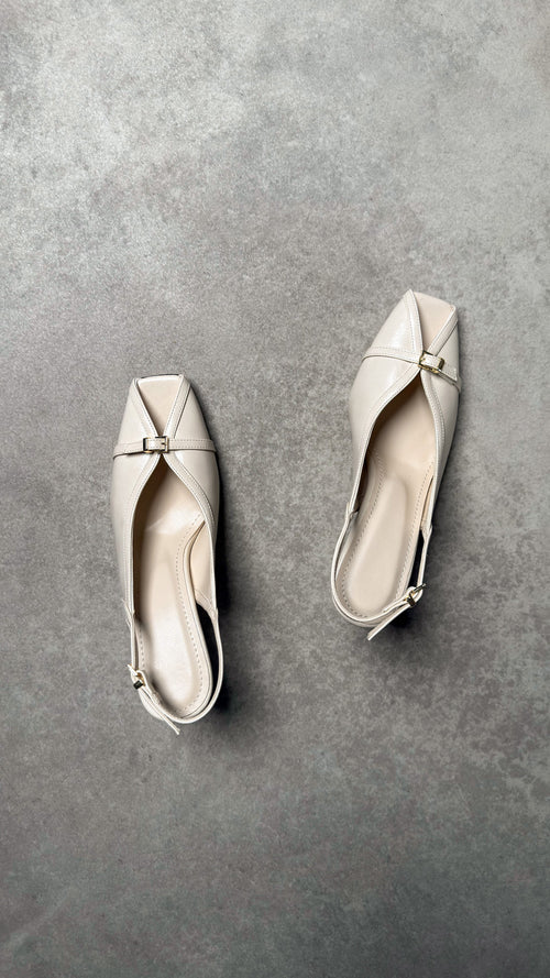 Açık Krem Tokalı Slingback Kare Burun Ayakkabı