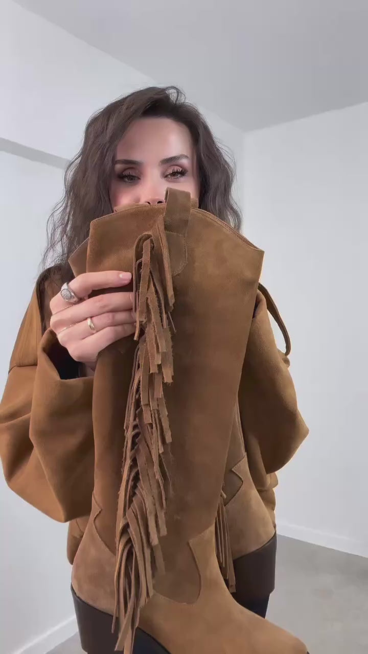 Camel Hakiki Deri Püsküllü Western Çizme